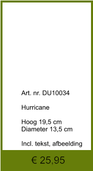 € 25,95              	Art. nr. DU10034  Hurricane  Hoog 19,5 cm Diameter 13,5 cm  Incl. tekst, afbeelding