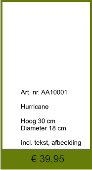 € 39,95              	Art. nr. AA10001  Hurricane  Hoog 30 cm Diameter 18 cm  Incl. tekst, afbeelding